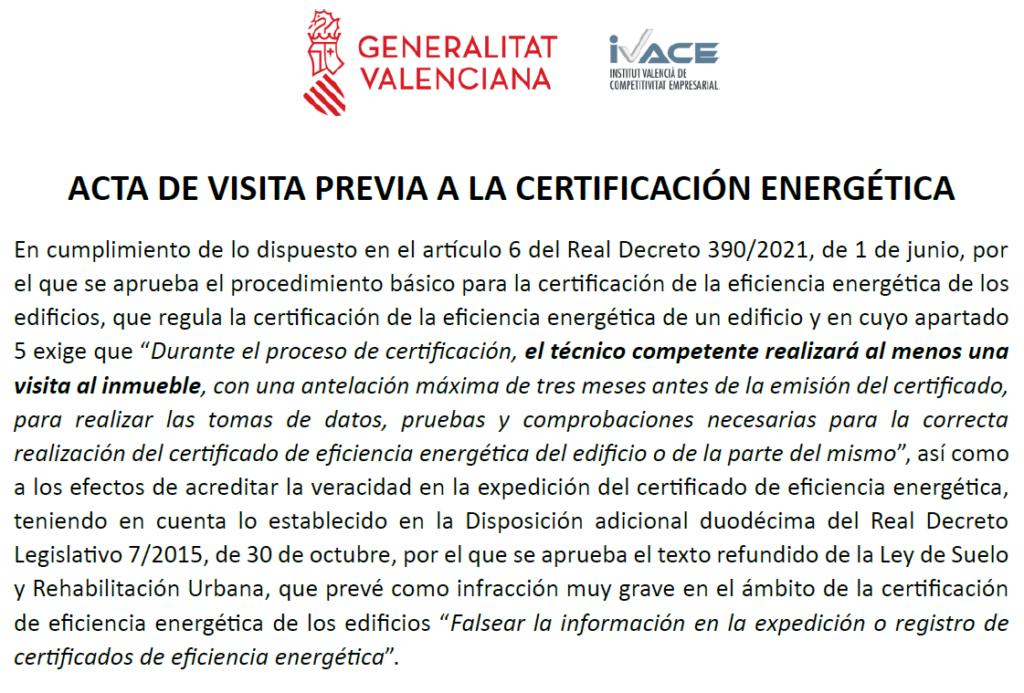 resumen informativo del acta de visita previa a la certificación energética